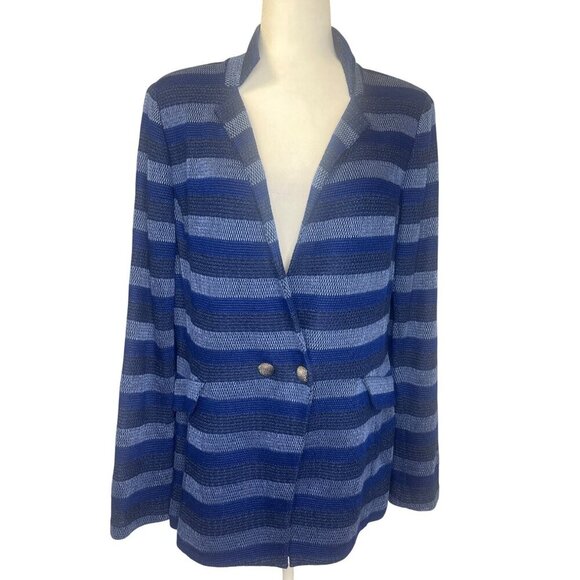 St. John Blue Striped Jacket Ladies Size 14 Long Sleeve Wool Blend Blazer Career - Picture 10 of 11